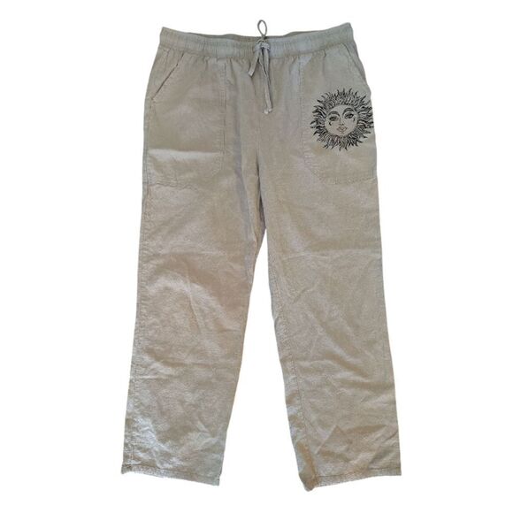 Khaki Sun Print Pull On Cotton Linen Hippie Trouser Pants Size Large - Picture 2 of 14